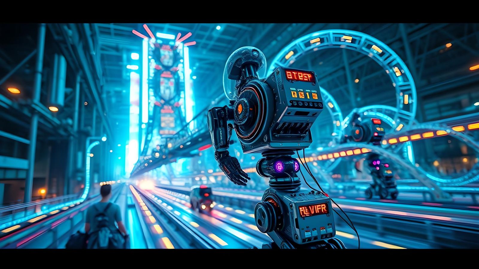 Futuristic Factory with Painting Robots in Hyperreality