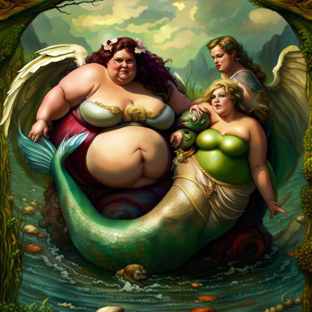 Angel and Mermaid Wrestle in Estuary: Fantasy Art
