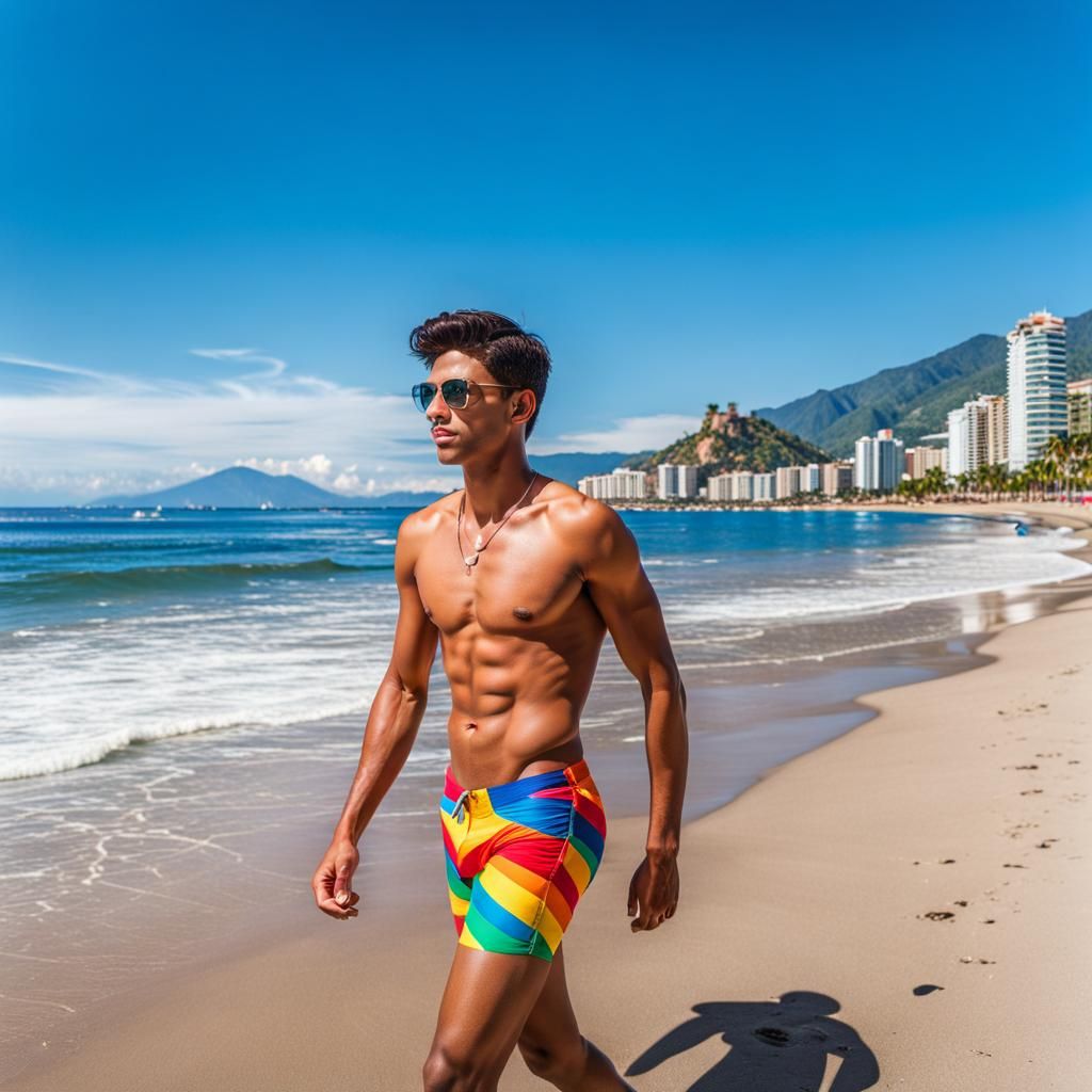 Shirtless Man Walks Beach in Puerto Vallarta