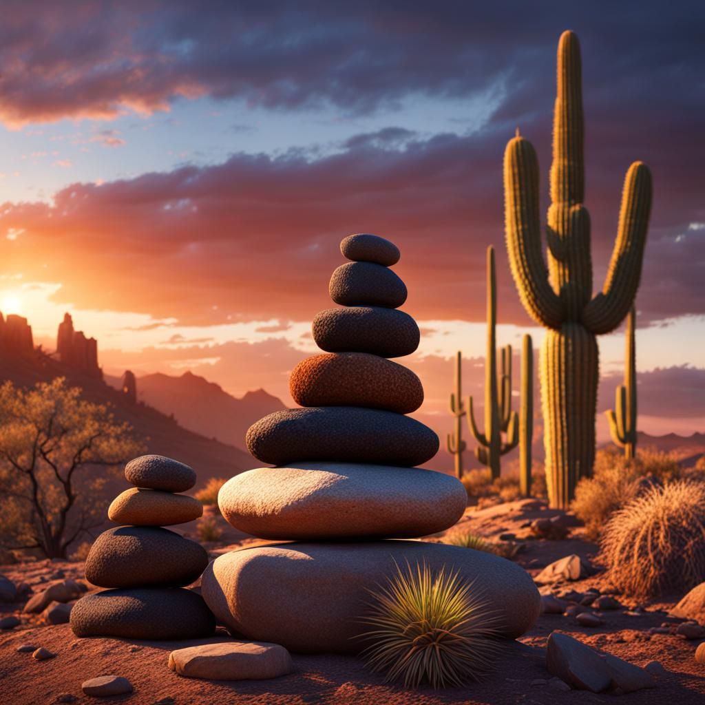 Balanced Stones and Saguaro Cactus at Sunset