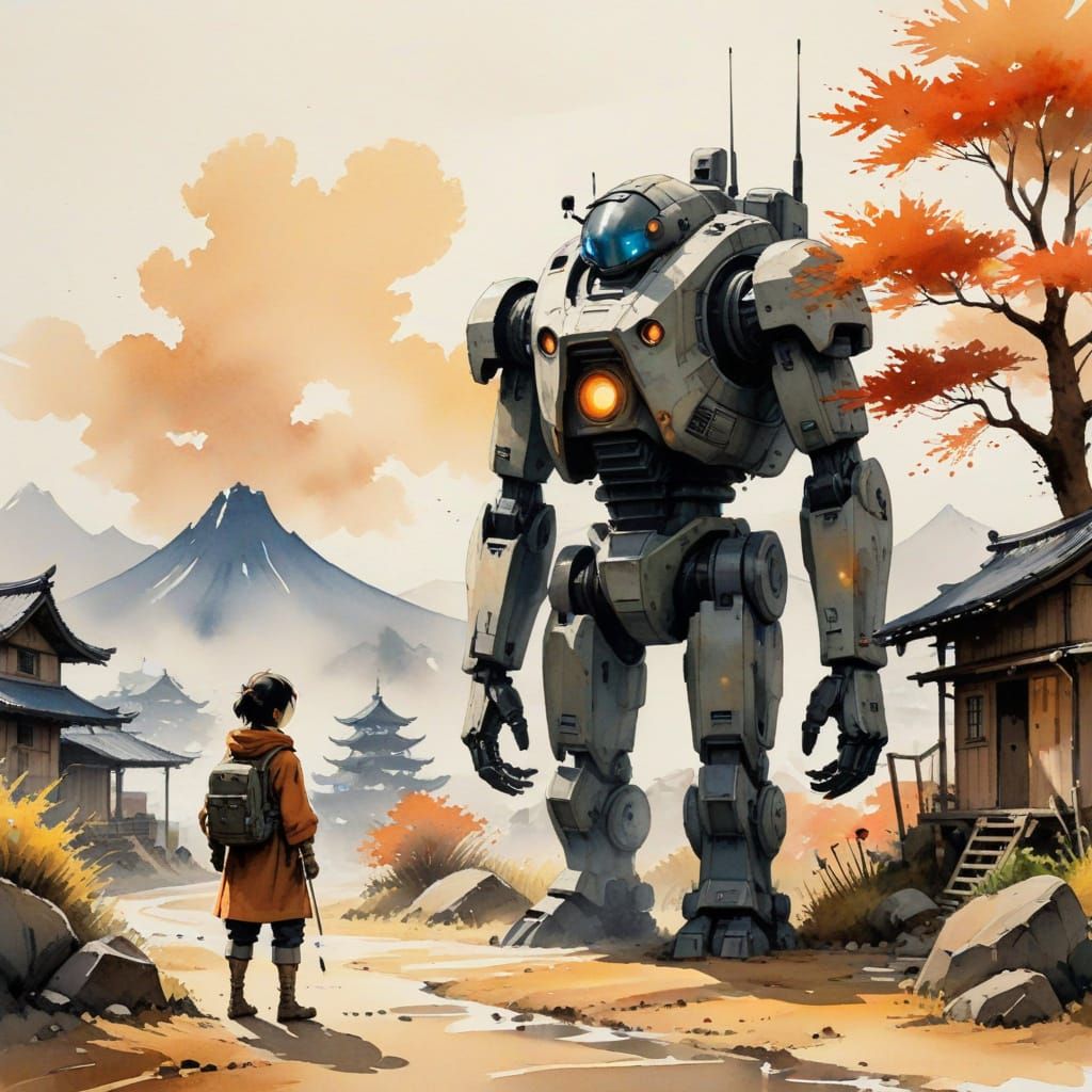 Minimalist Sci-fi Jaeger Defender in Warm Tones