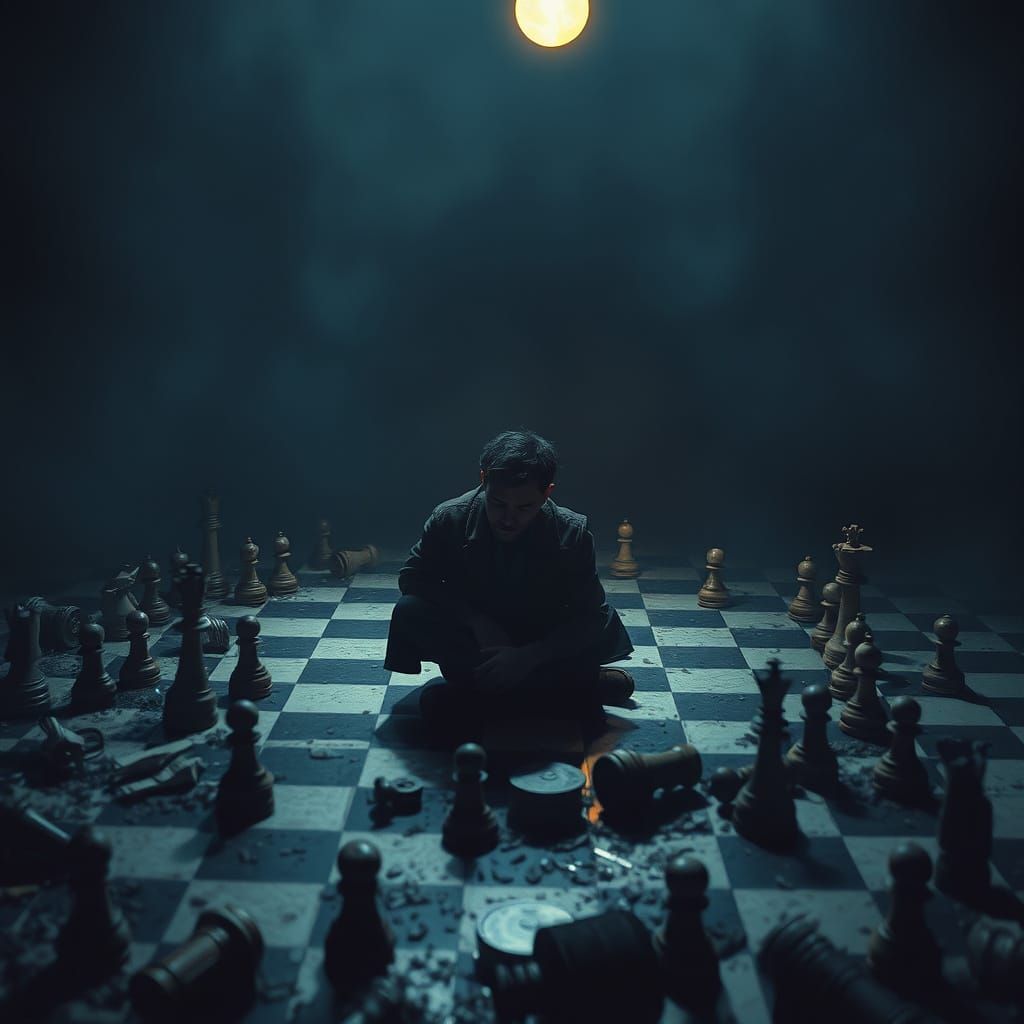 Melancholic Chess Player in Dystopian Digital Painting