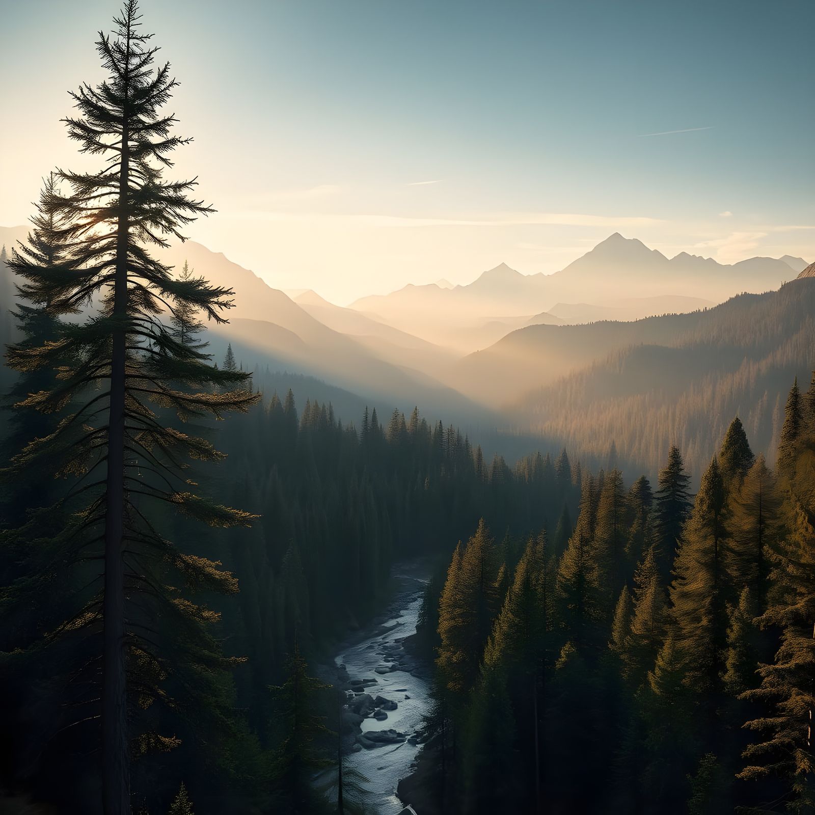 Tall Fir Tree Stands in Oregon Forest with Sparkling Stream...