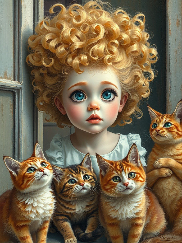 Pop Surreal Portrait of Girl with Cats