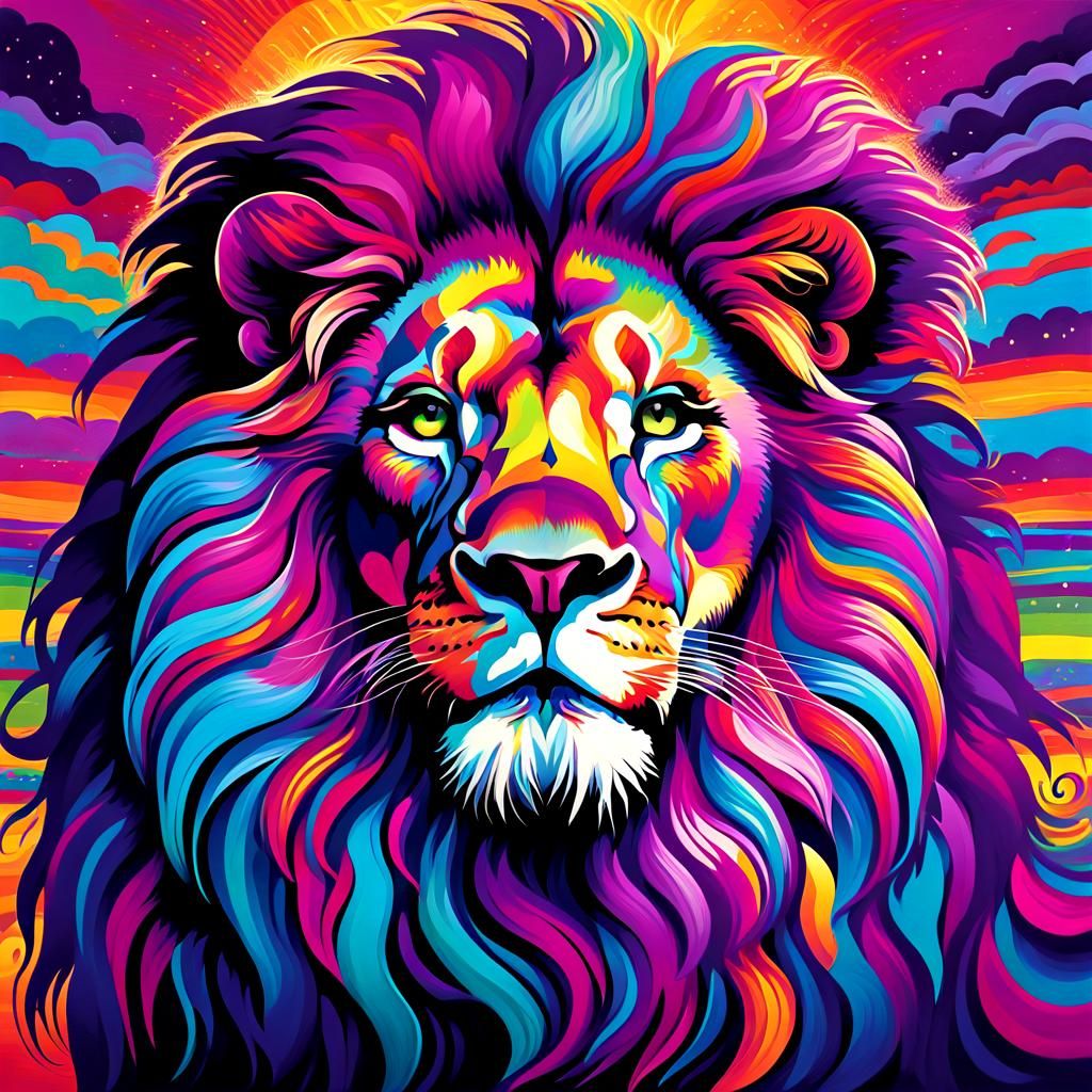 Psychedelic Lion Lounging Under Rainbow Sun