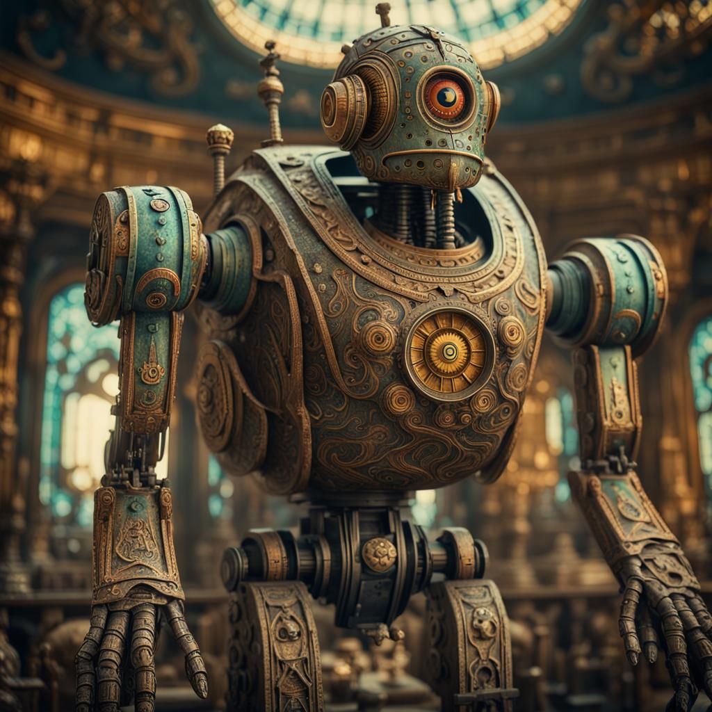 Ornate Ancient Mechanical Android with Religious Motifs