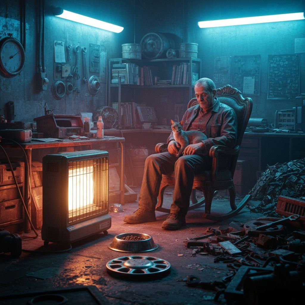 Cyberpunk Junkyard Scene: Man and Cat in Warm Glow