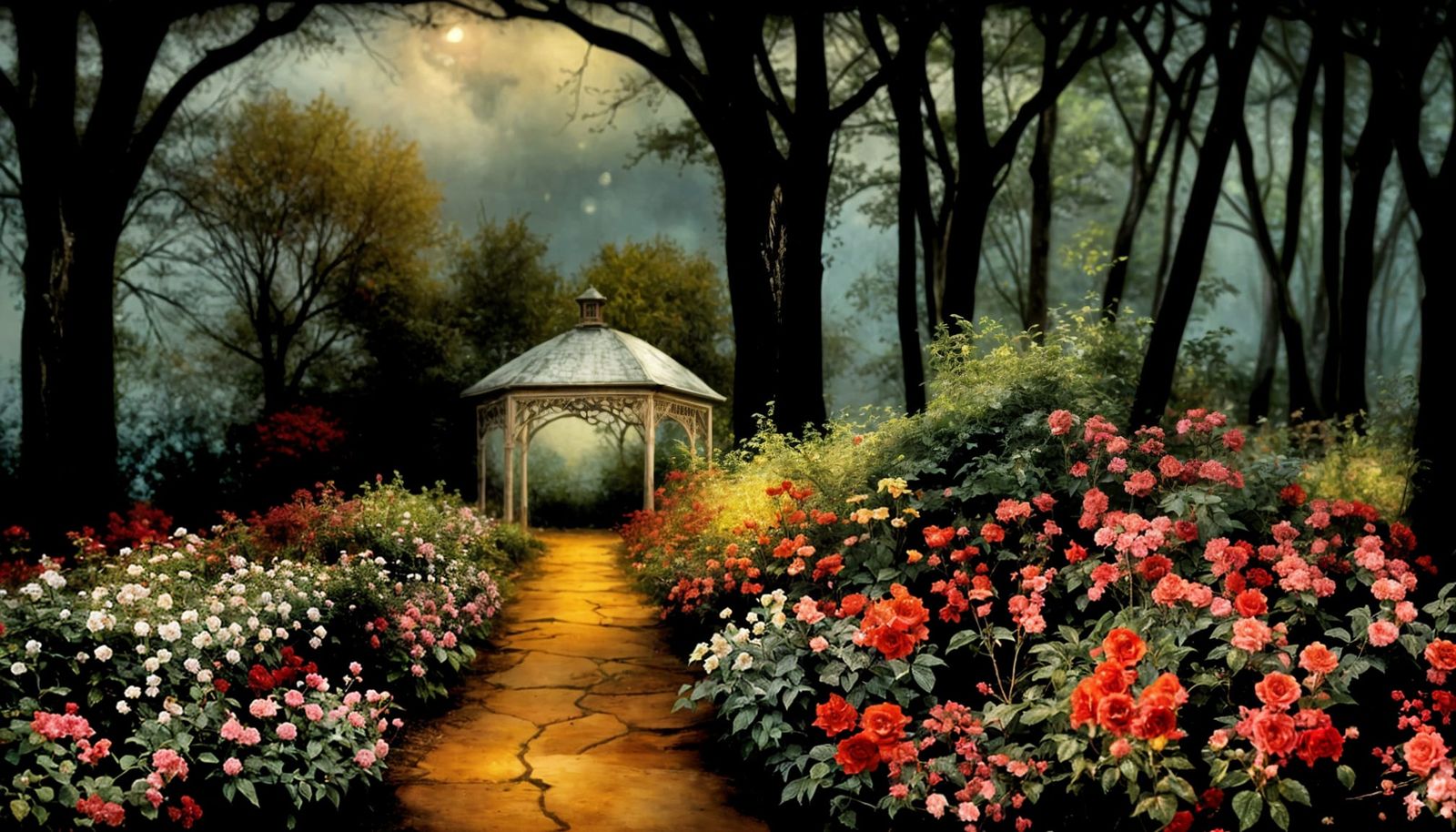 Moonlit Forgotten Garden with Roses in Oil Paint