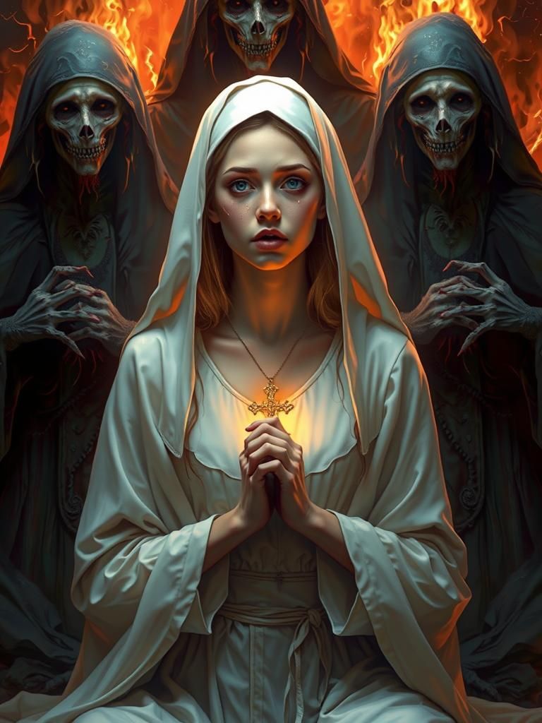 Nun Kneeling in Fiery Gehenna, a Surrealist Vision
