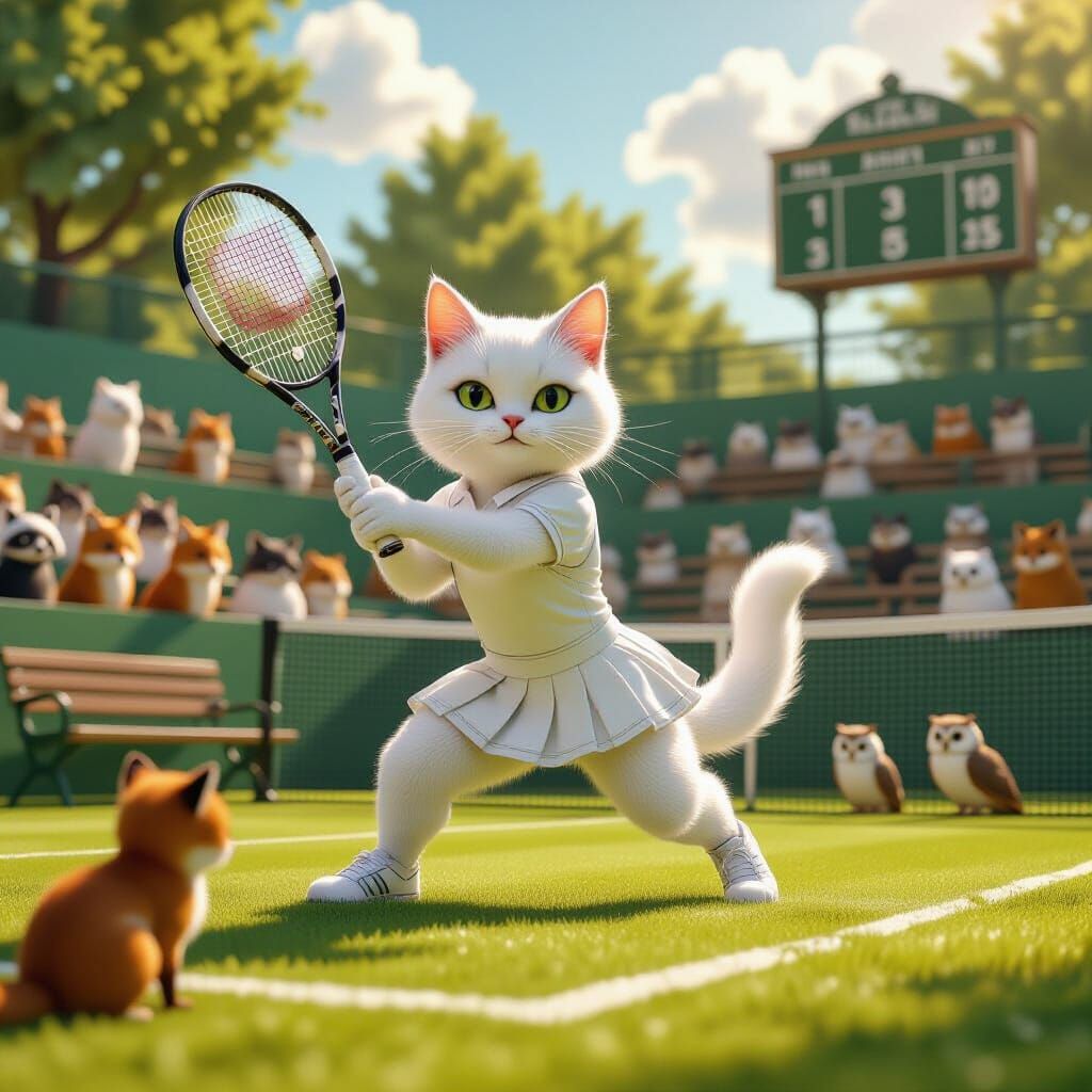Cat Tennis Star at Wimbledon in Matte Painting Style