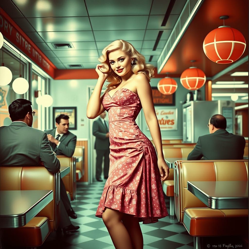Vintage Pin-Up Girl in 50s Diner Poster