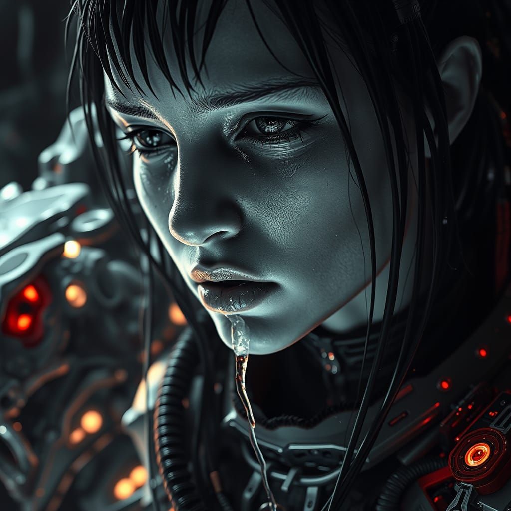 Surreal Cyberpunk Portrait of a Woman with Tears and Exoskel...