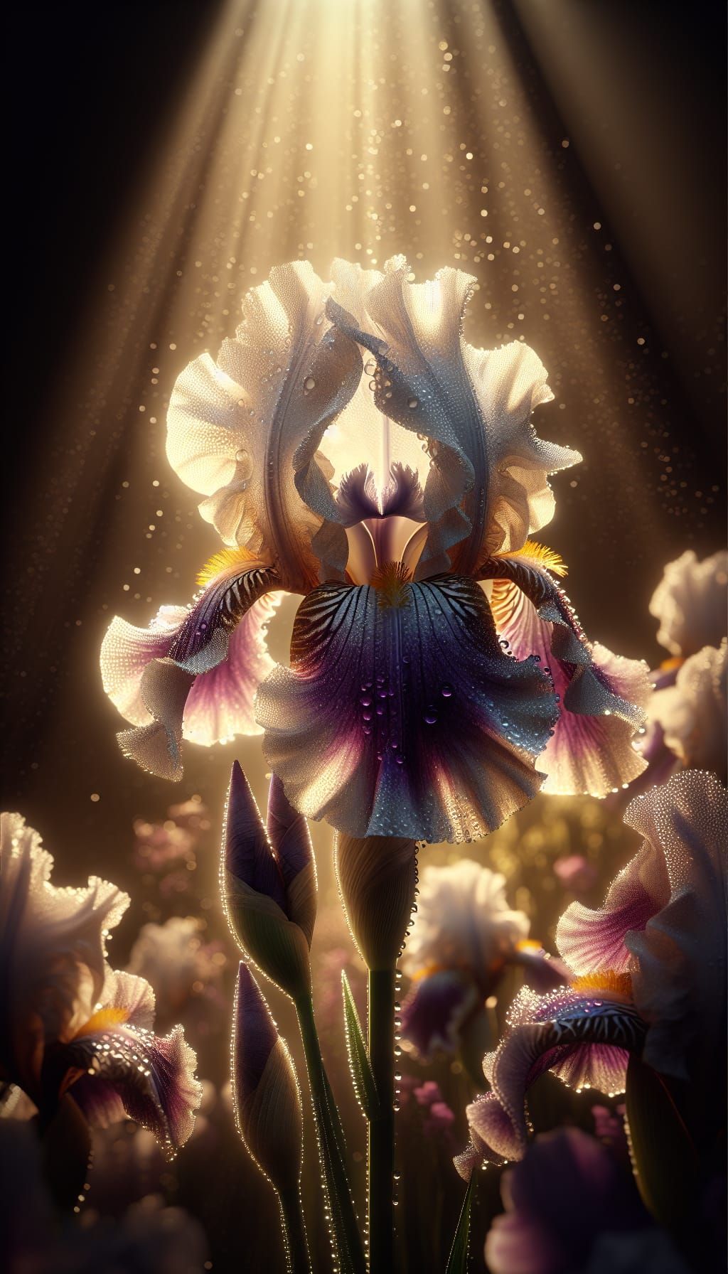 Iris at daybreak, morning dewdrops sparkle on petals.