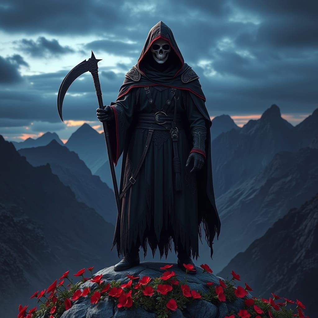 Confident Hooded Figure Dominates Dark, Dramatic Landscape