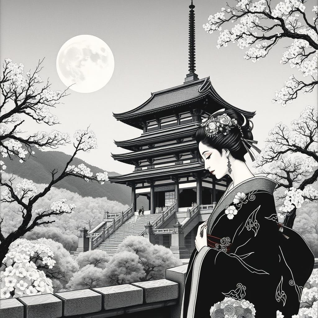 A Geisha Contemplates a Traditional Temple in Monochromatic ...