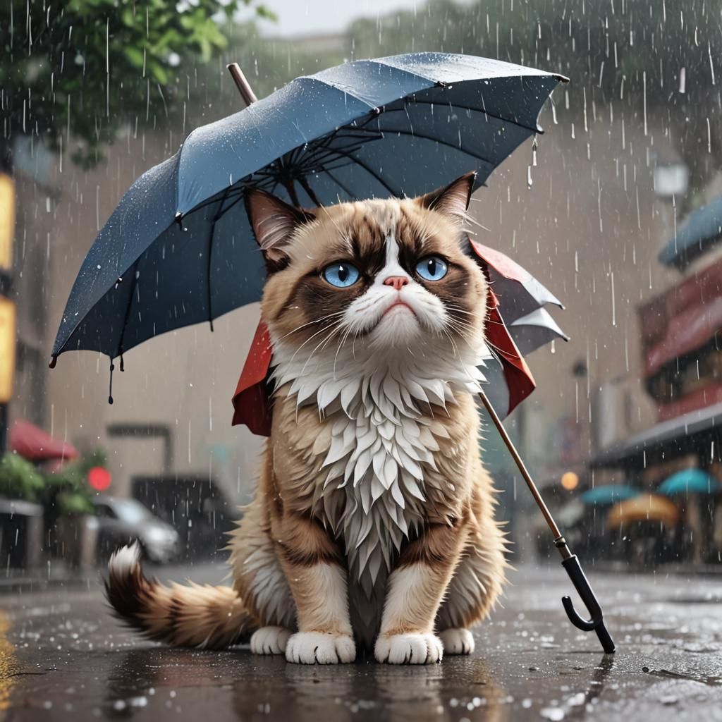 Grumpy Cat under umbrella