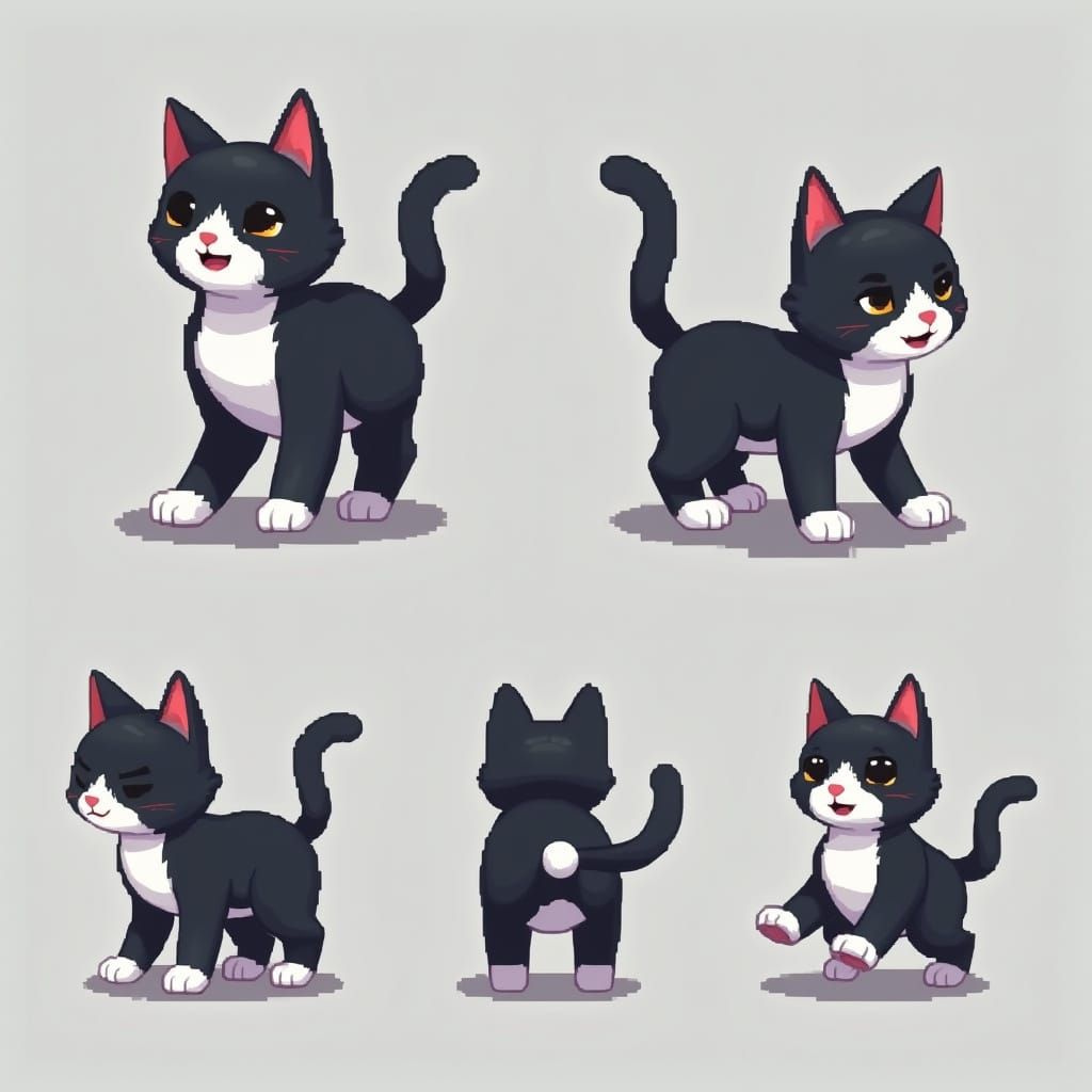 Blocky Tuxedo Cat Game Character in Pixel-Art Style