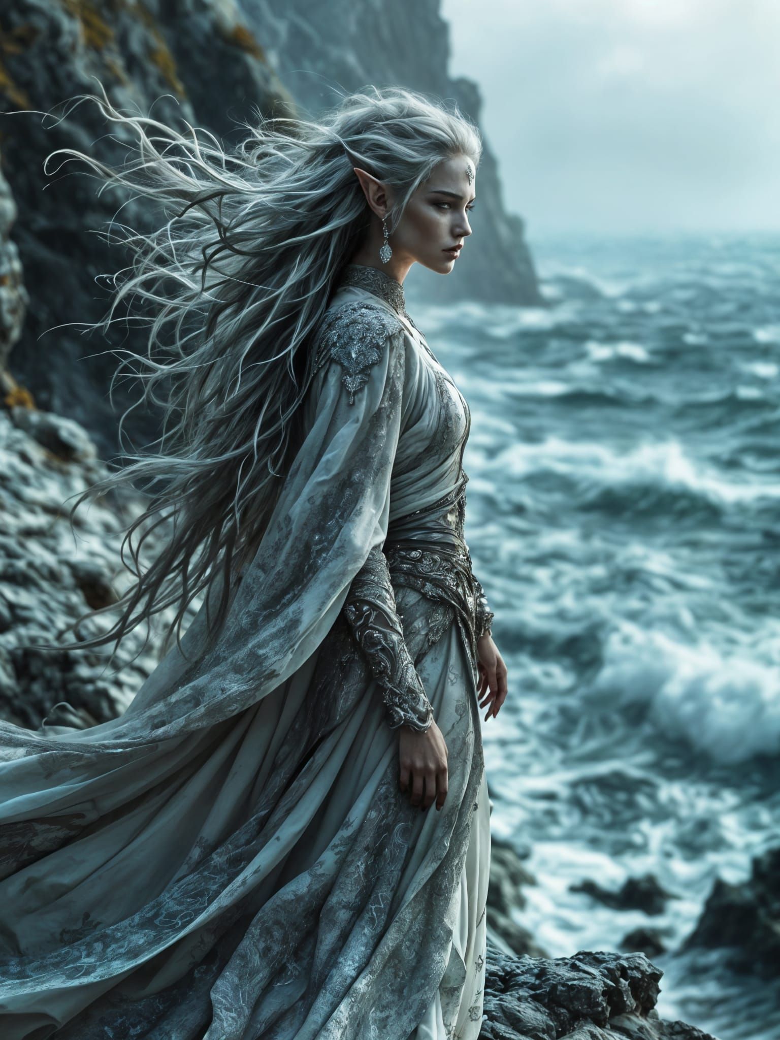 Majestic Elven Woman on Stormy Cliff Overlooking Ocean