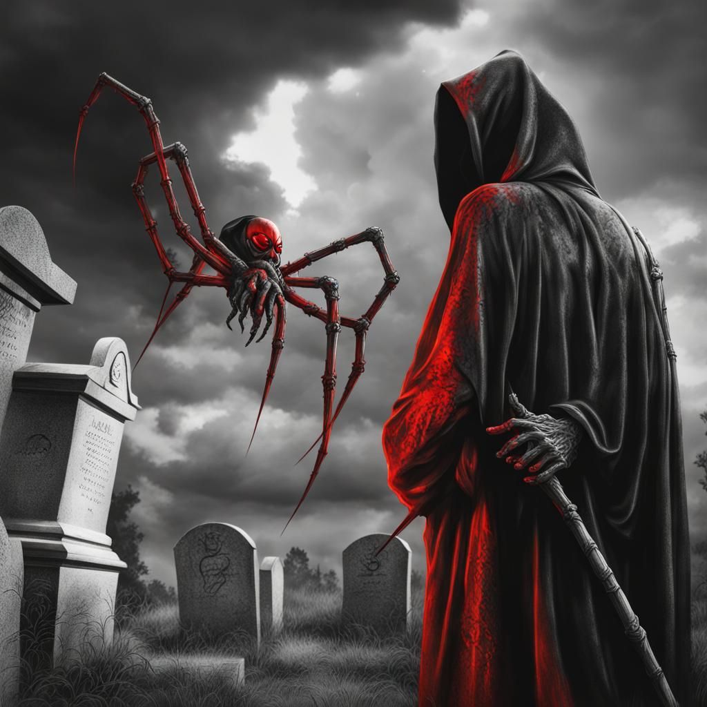 Grim Reaper with Spider in Hyperrealistic Style