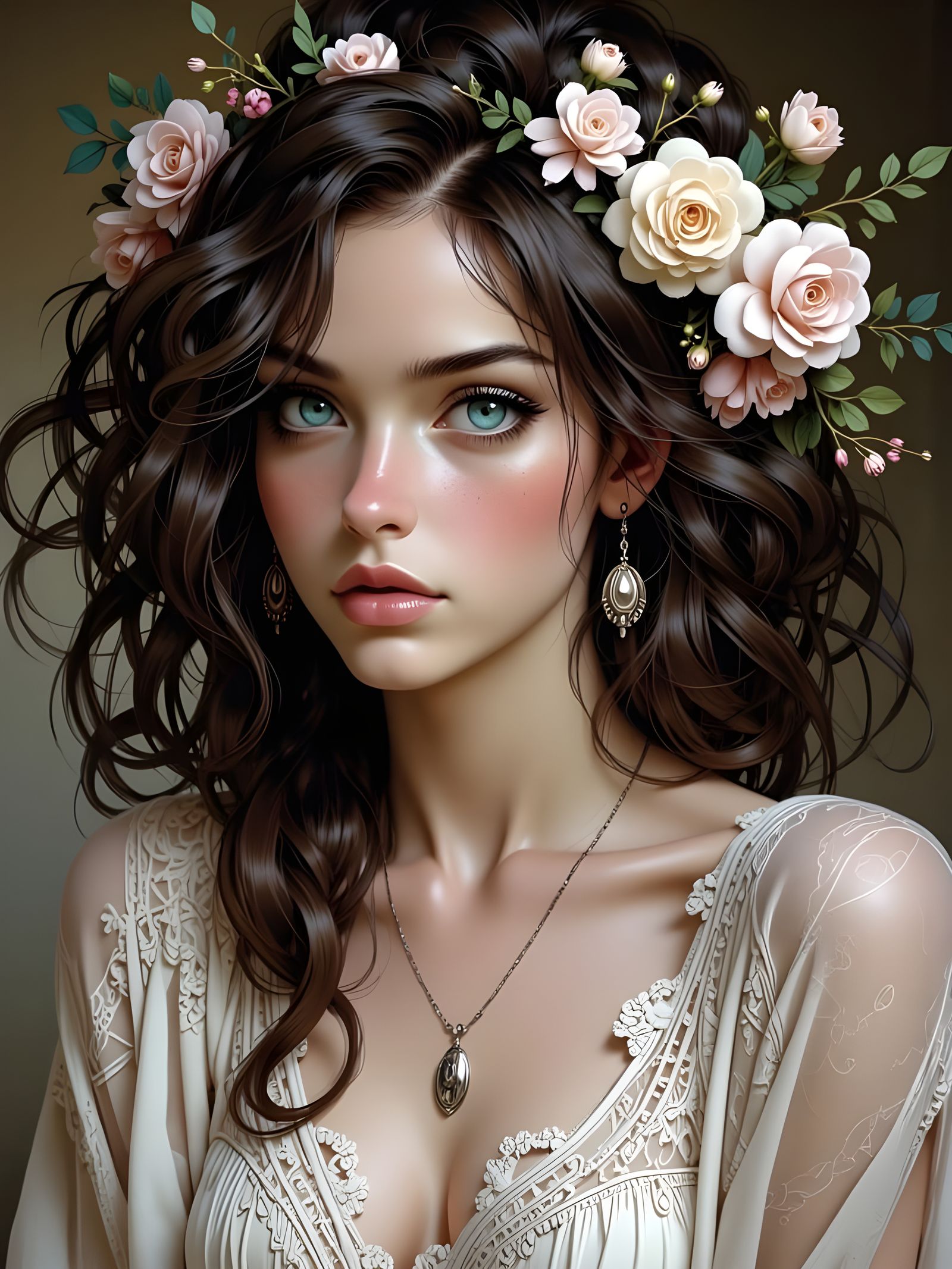 Detailed Portrait with Flowering Hair, Art Nouveau Style