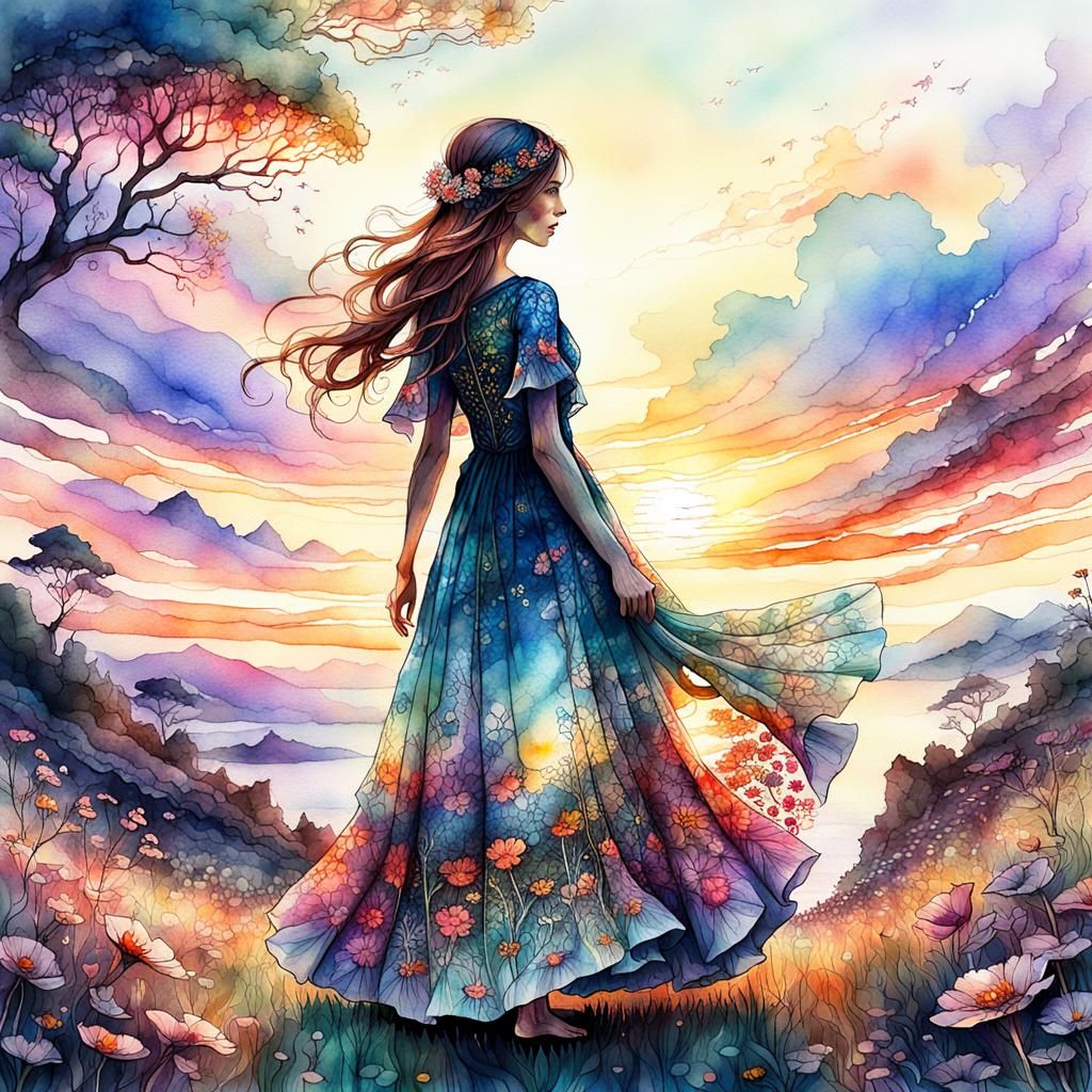 Girl in Floral Dress at Sunset, Watercolor Fantasy