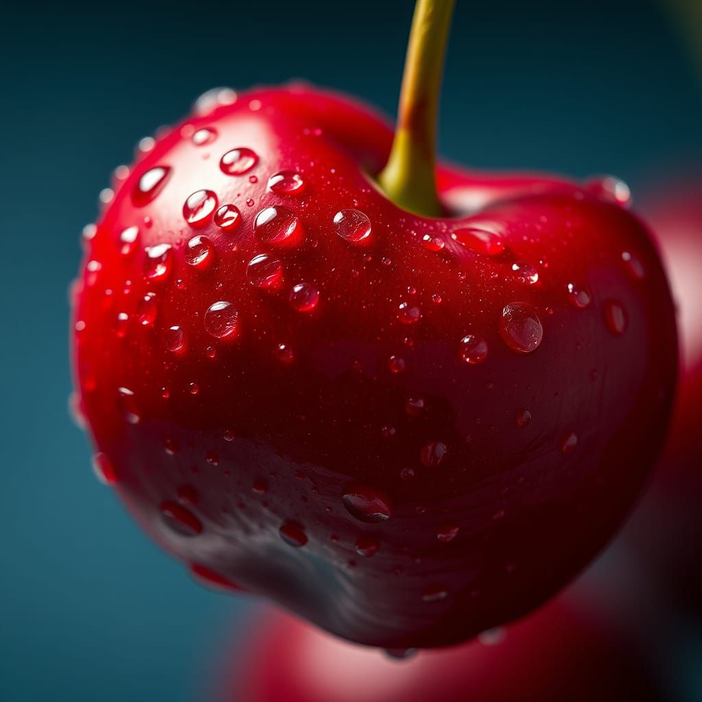 Hyperrealistic Cherry with Water Droplets Close-Up