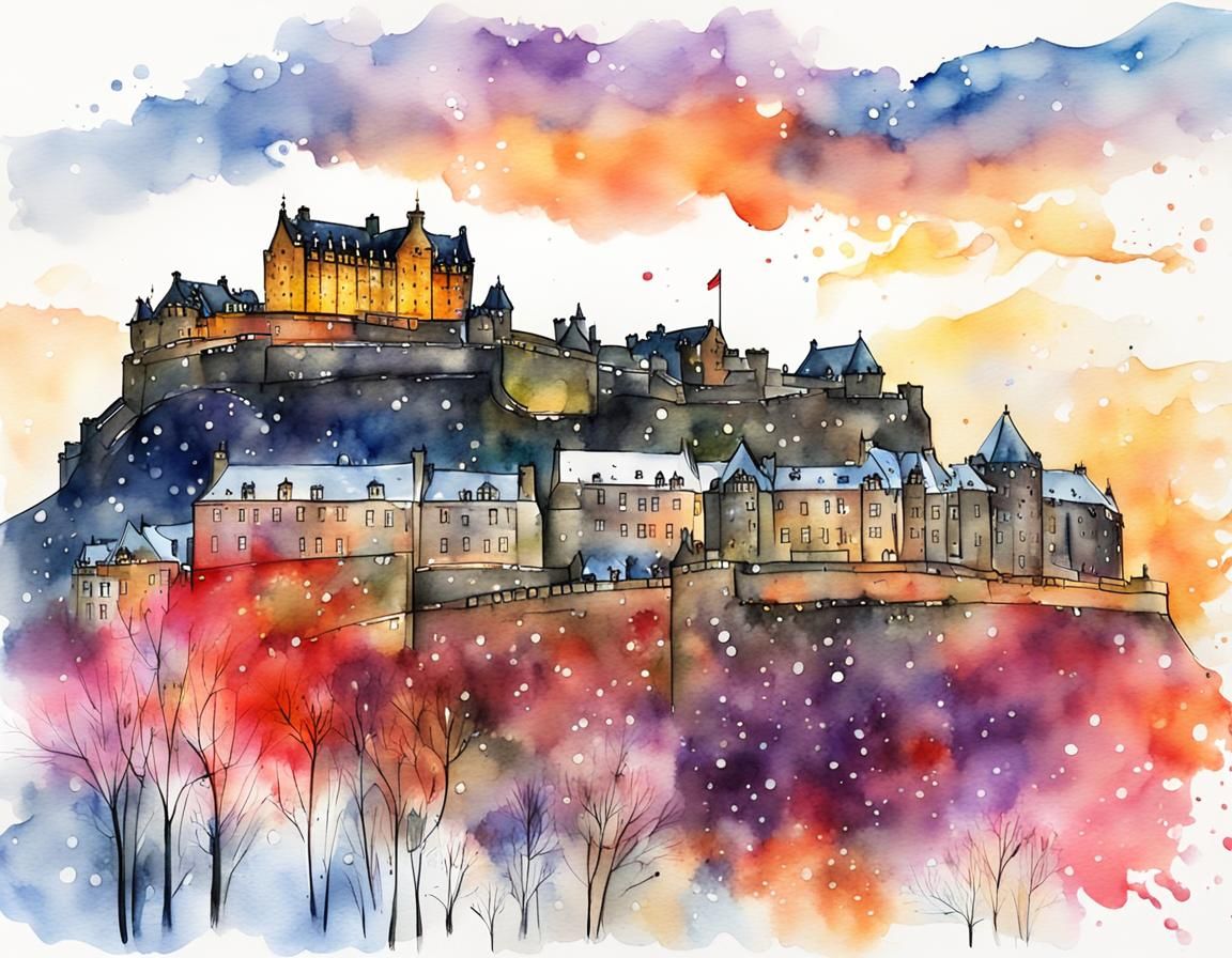 Edinburgh Castle at Sunset: Watercolor Storybook Illustratio...