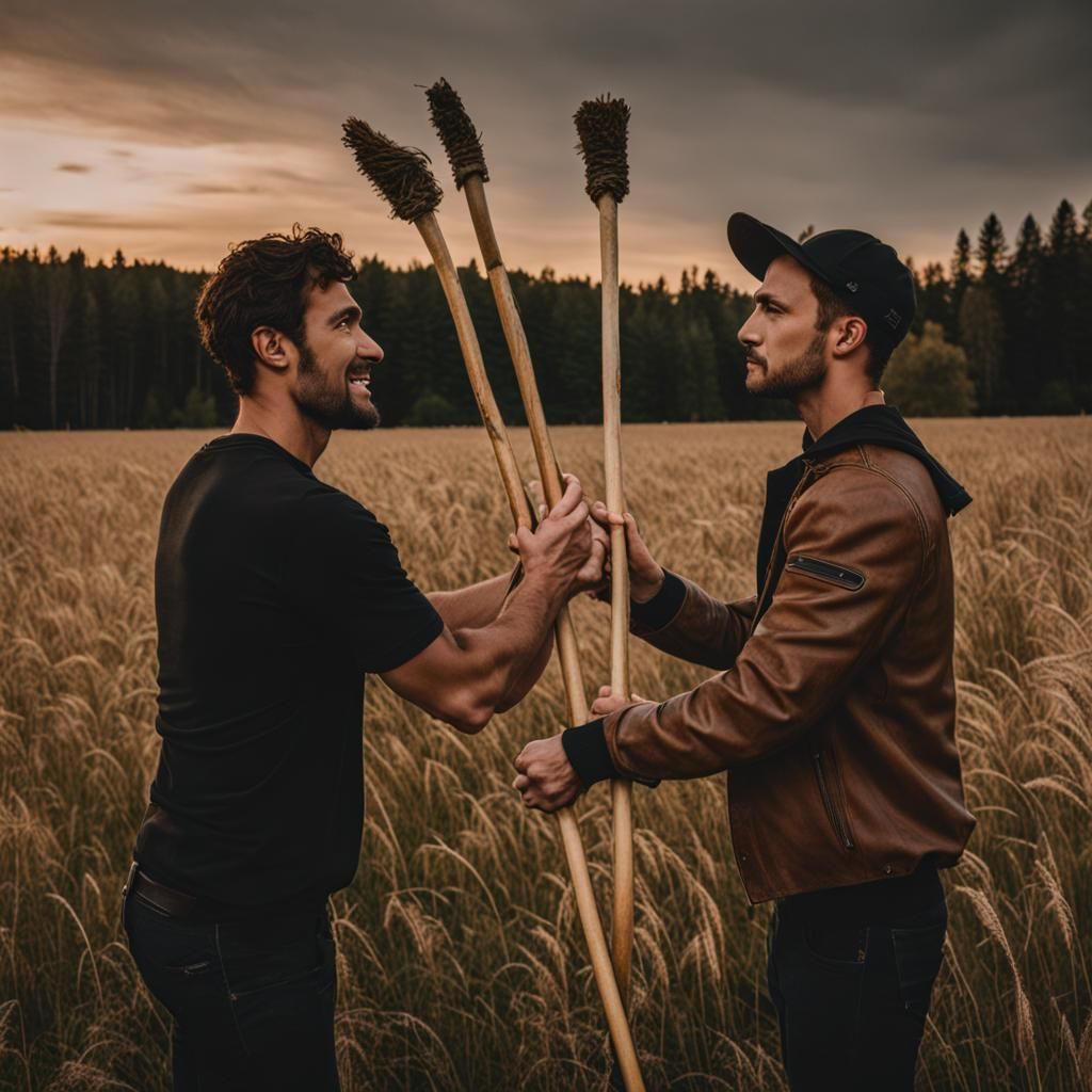 Man Holding Another Man Holding a Stick