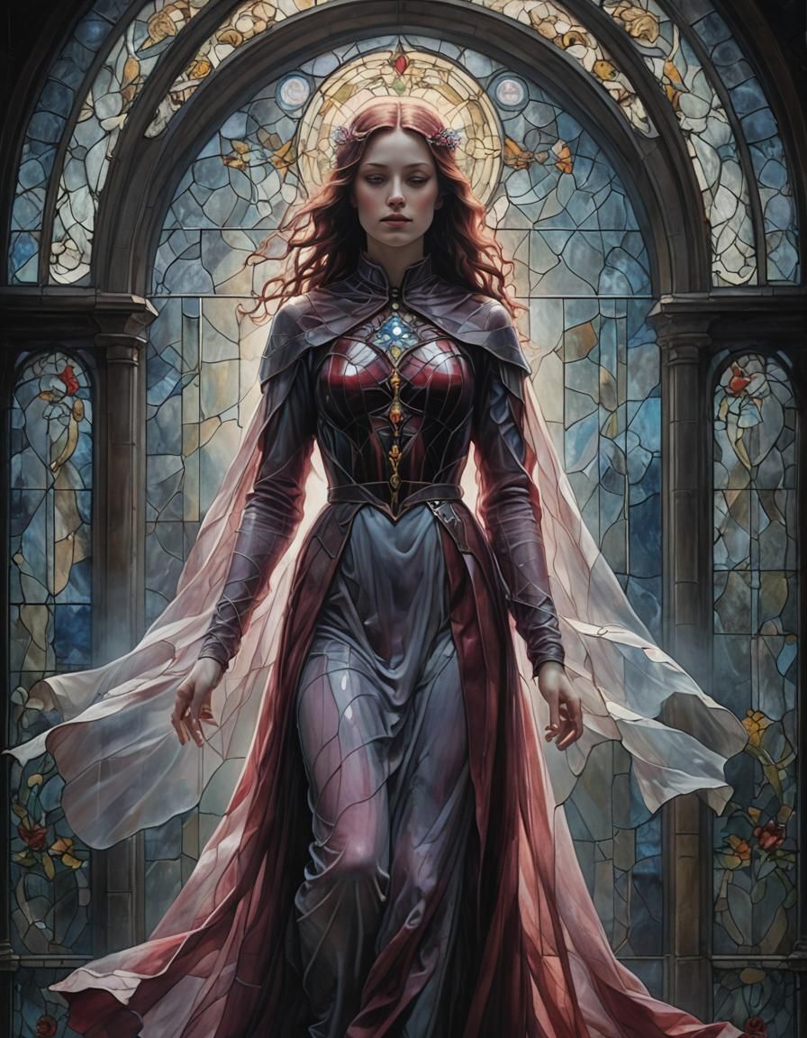 Ethereal Woman in Stained Glass Chamber