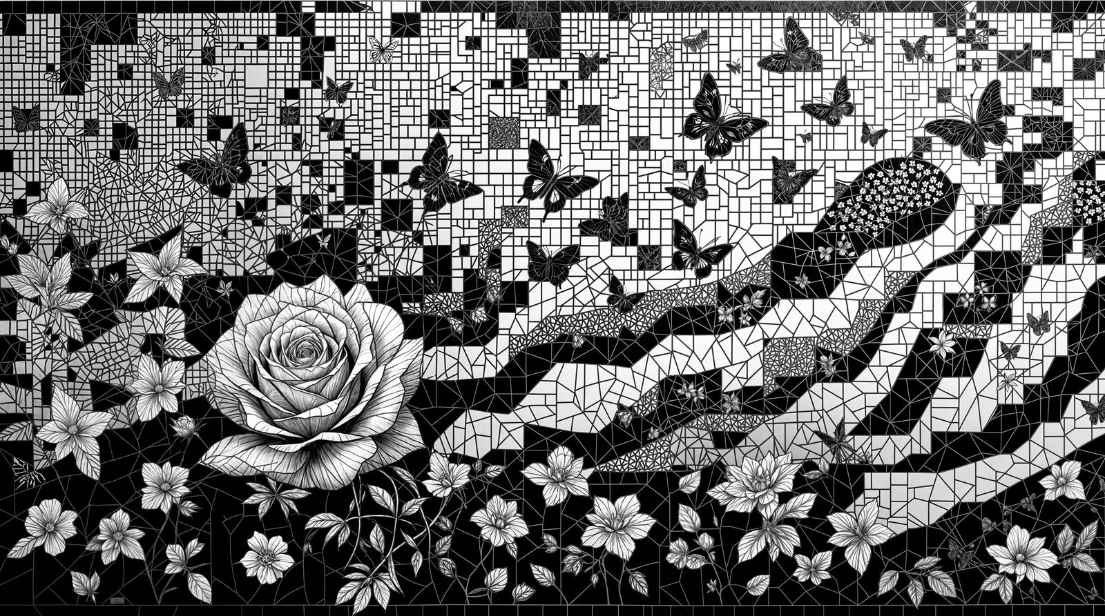 Escher-Inspired Geometric Mosaic of Blossoming Butterflies