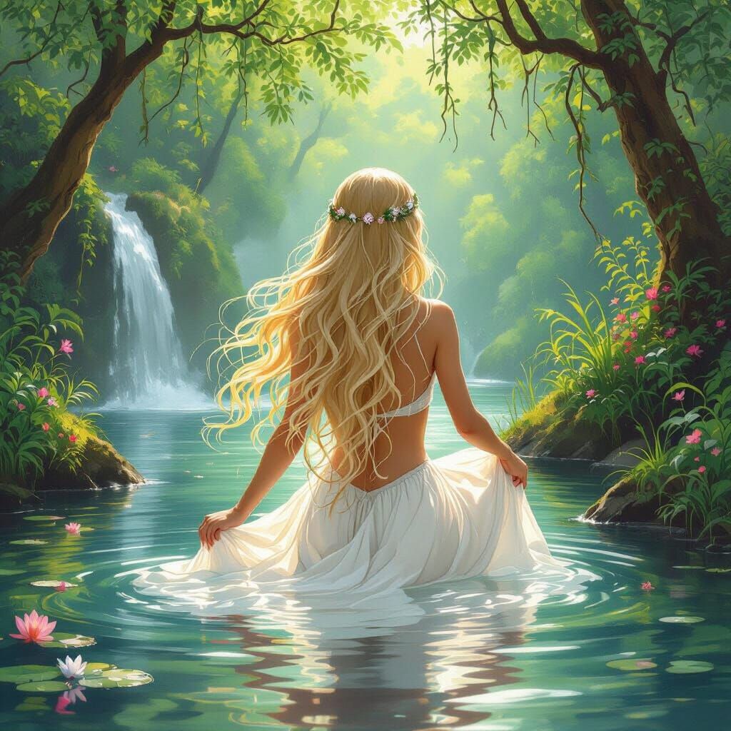 Ethereal Girl Bathing in Forest Waterfall