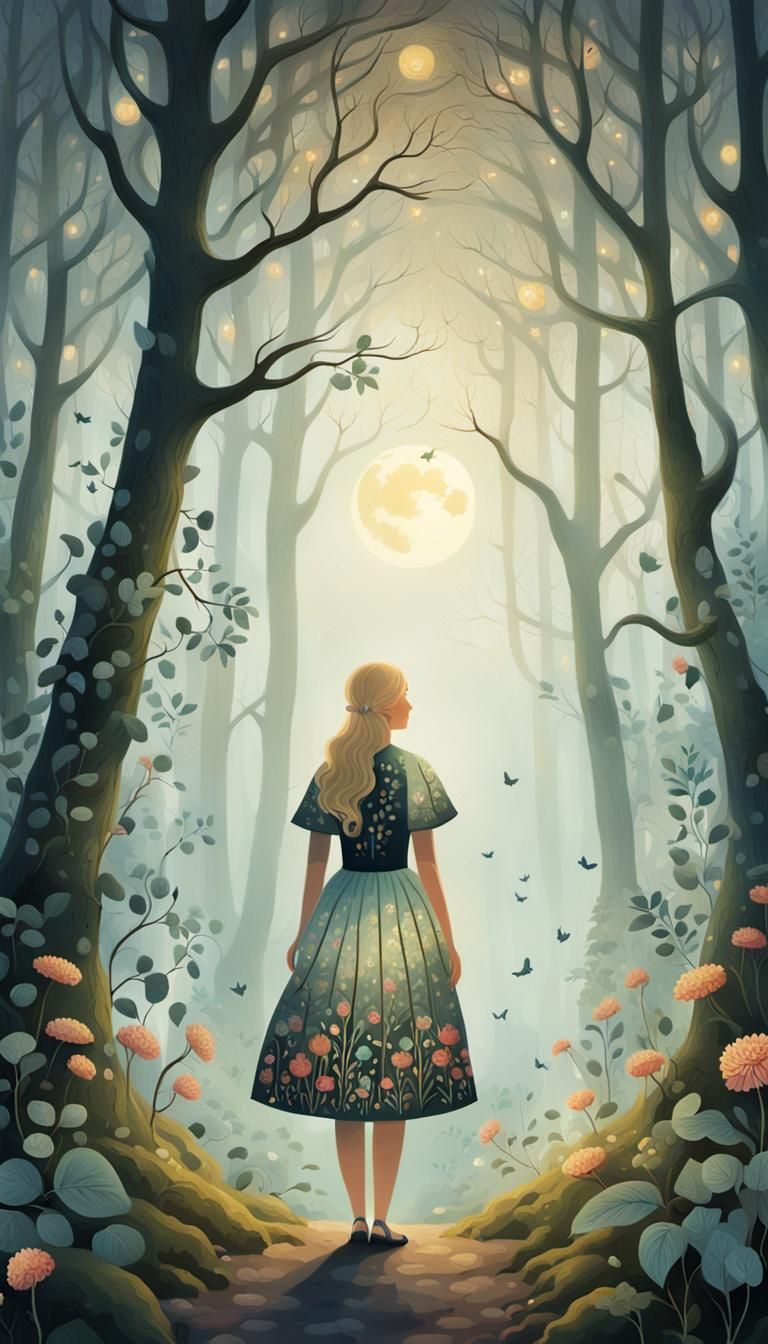 Woman in Forest: Scandinavian Folk Art