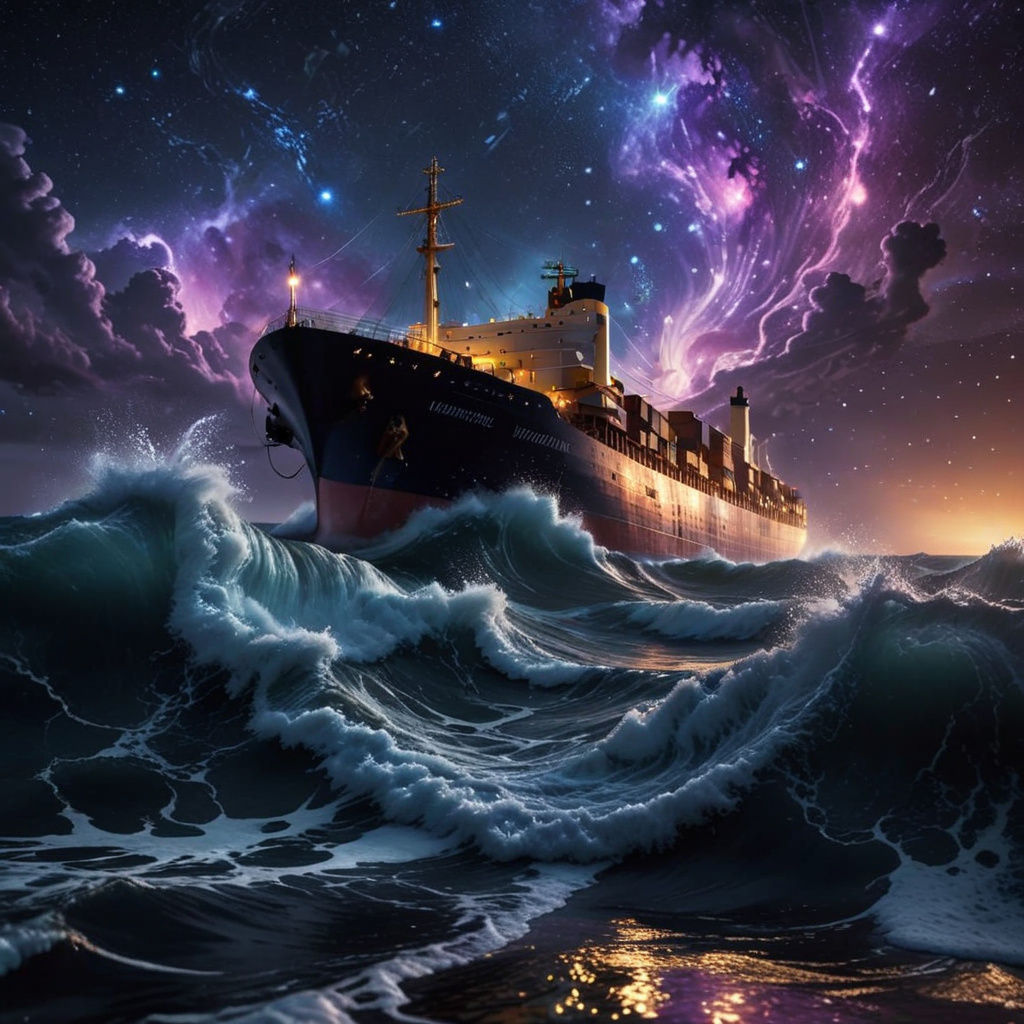 Gigantic Ship Cuts Through Nighttime Waves Under Starry Sky