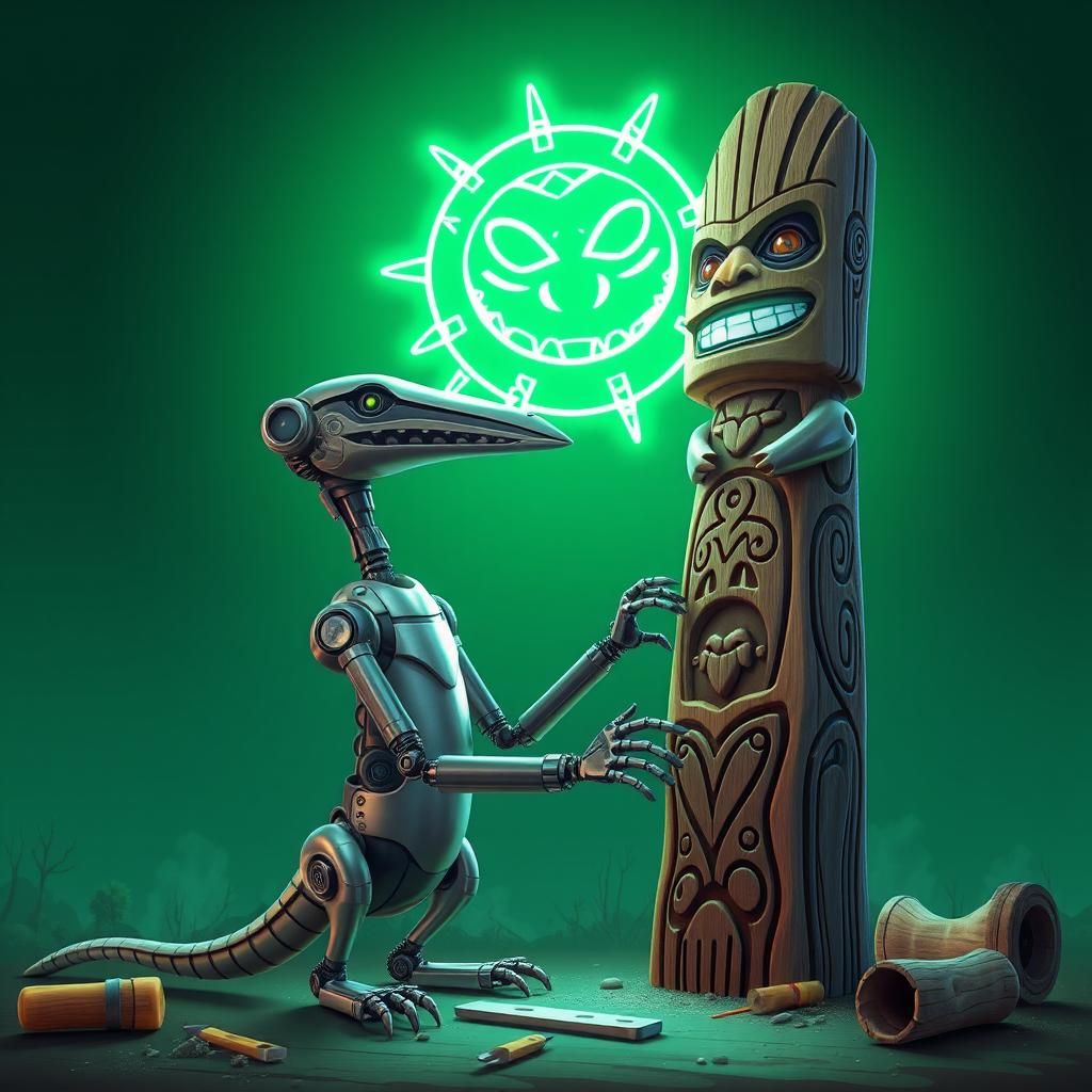 A robotic creature carving a totem pole and a neon sun in th...