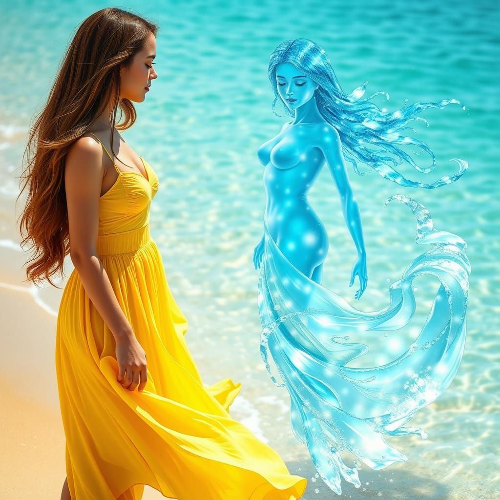 Ethereal Water Goddess Meets Loving Gaze at Sunset Beach