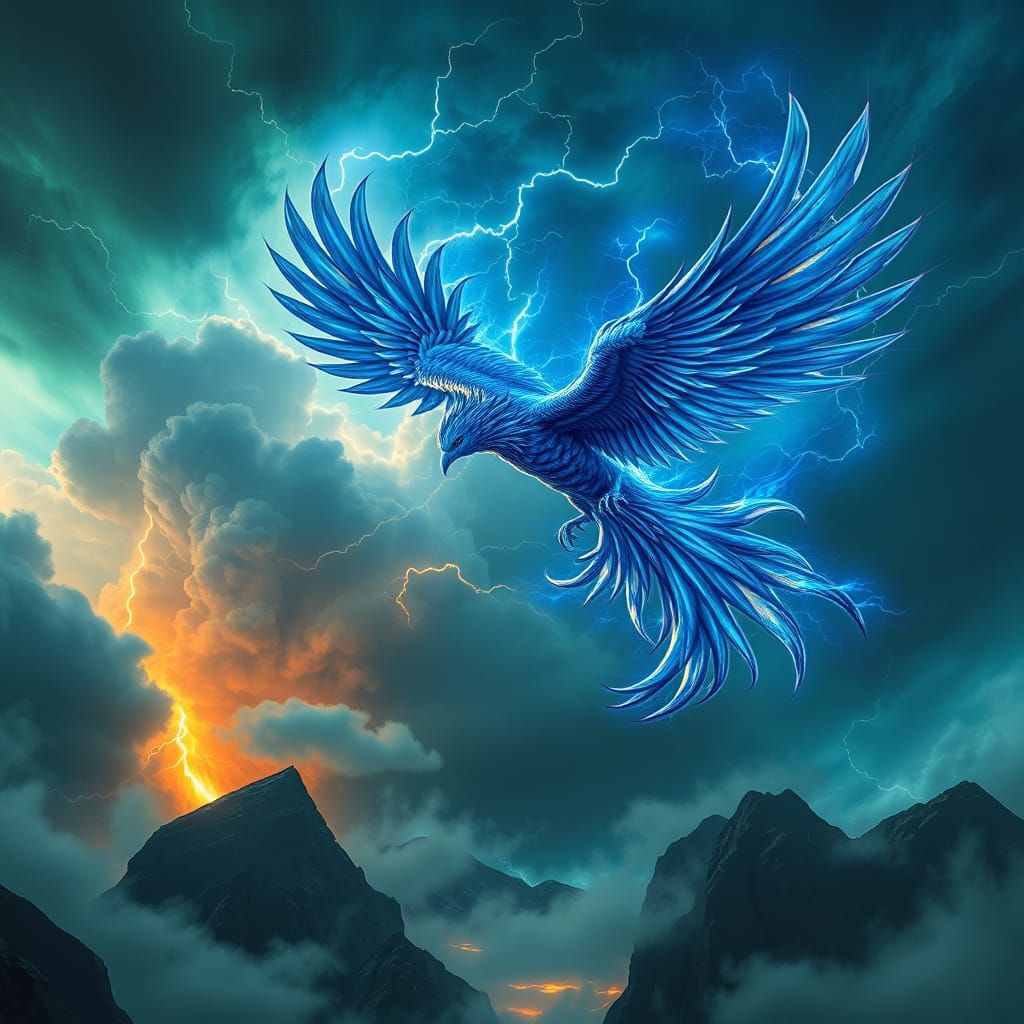 Vibrant Blue Phoenix Soars Amidst Turbulent Skies in Epic Re...