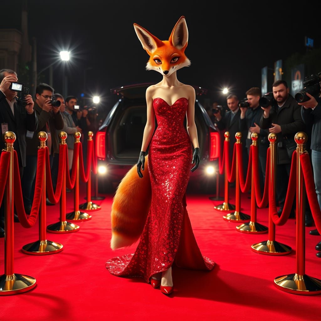 Glamorous Red Fox Strolls Down Velvet Ropes in Shimmering Re...