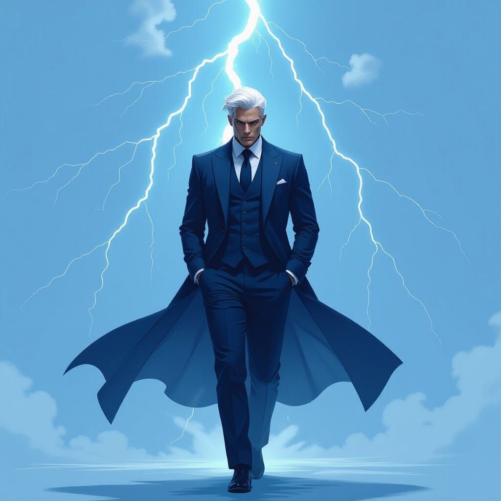 Heroic Figure in Navy Suit Under Lightning Sky