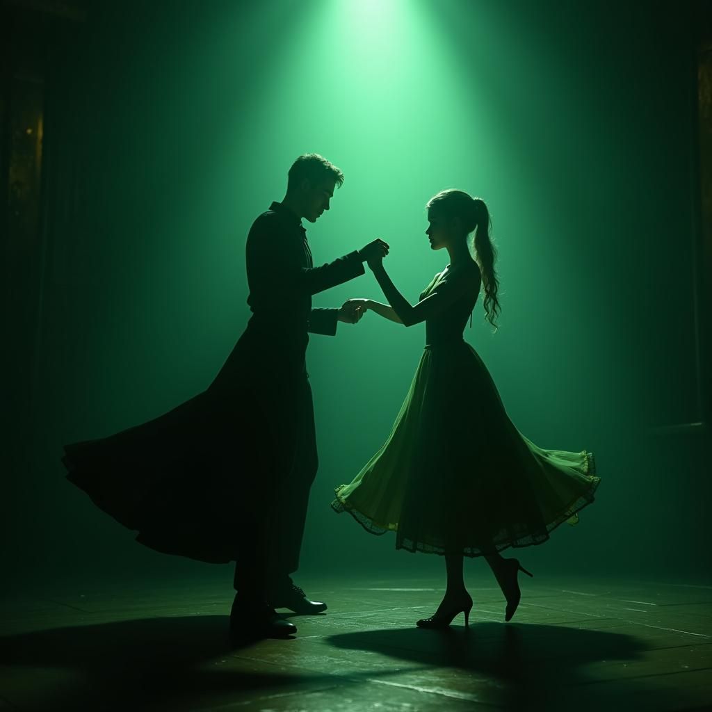 Ethereal Dancers in a Dark Green Fantasy Ballroom