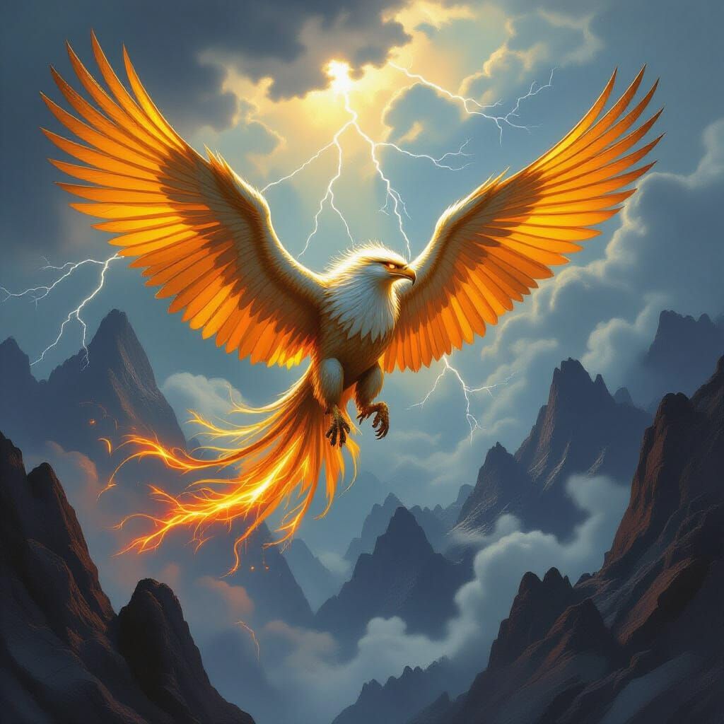 Golden Griffin Soaring Through Stormy Mountains
