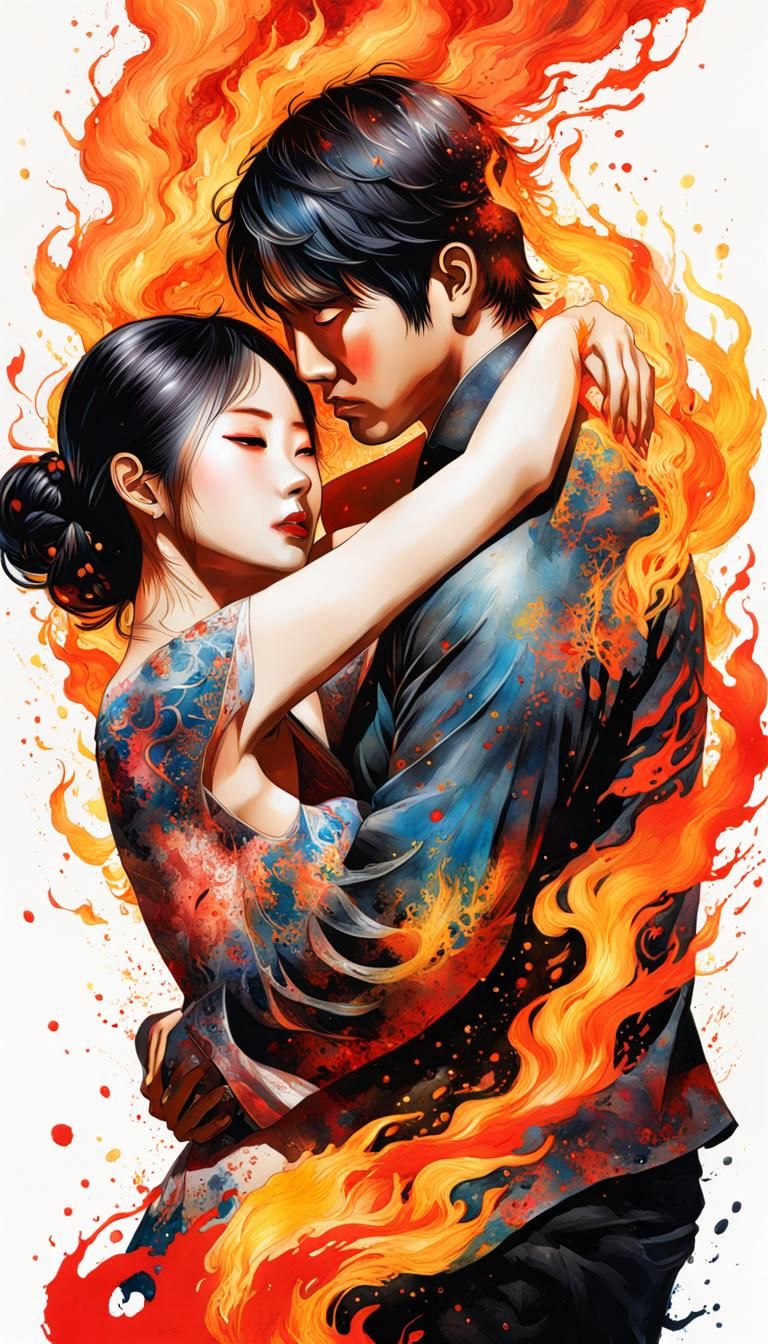 Fiery Embrace: Double Exposure Finger Painting Portrait
