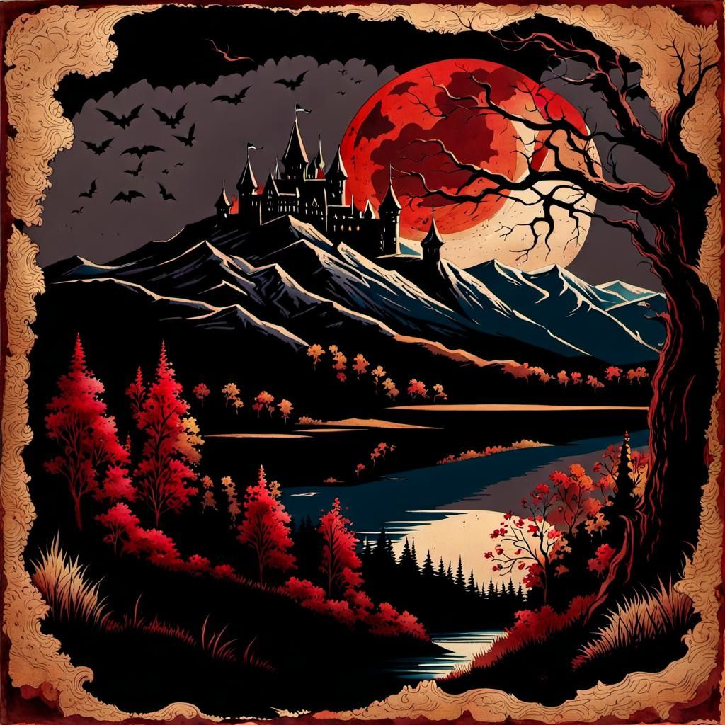 Gothic Castle Watercolor Painting at Moonrise