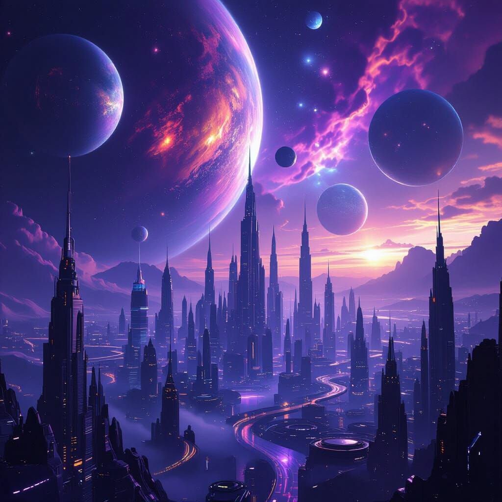 Futuristic City on Alien Planet With Close Planets
