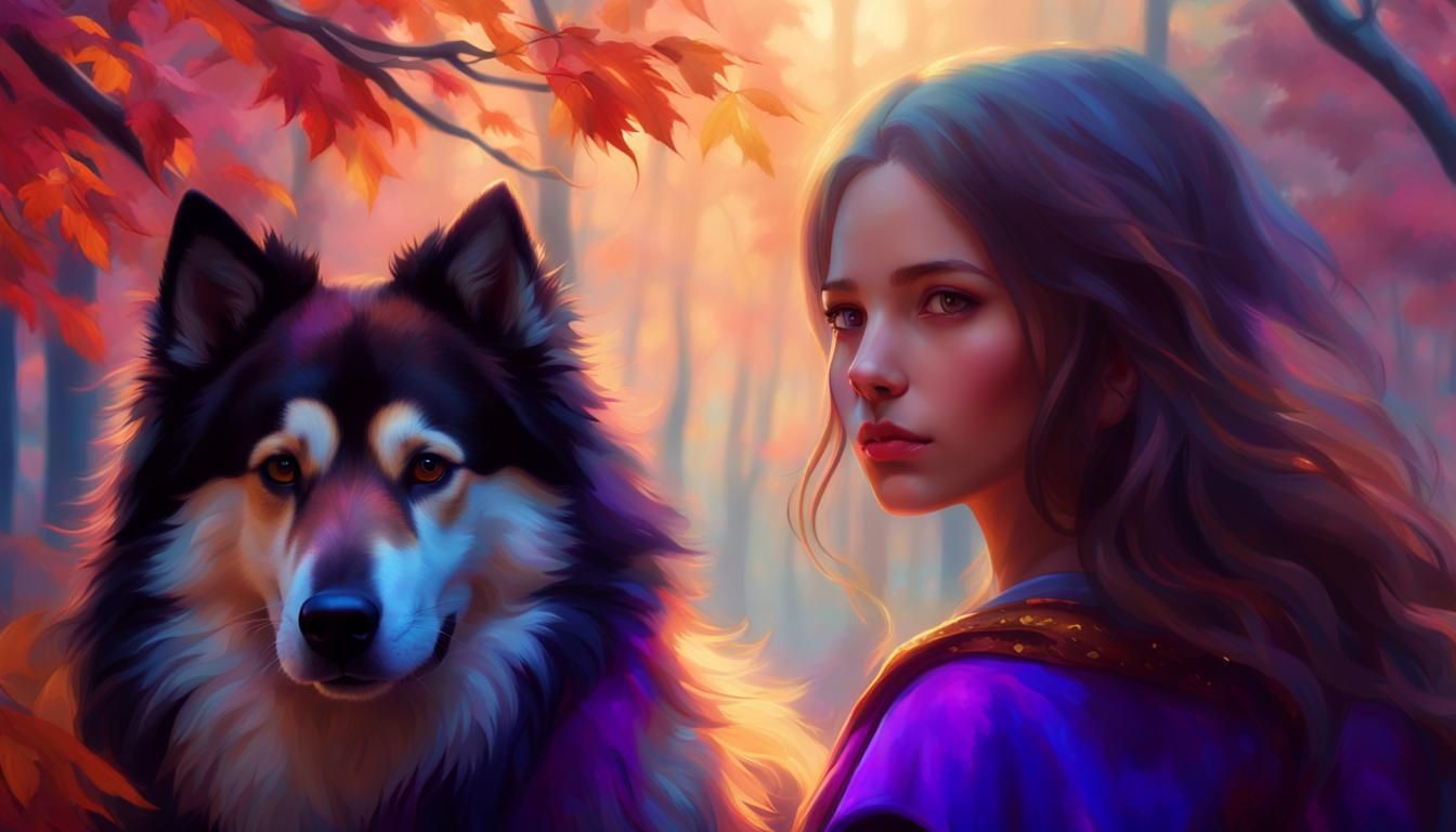Mystical Girl Walks with Dog in Vibrant Forest