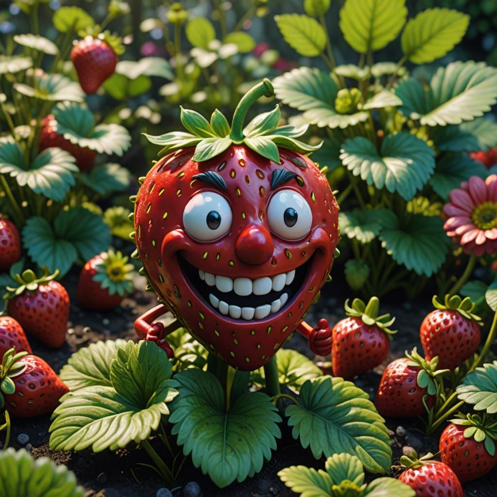 Hyper Realistic Strawberry in a Fantastical Garden Scene