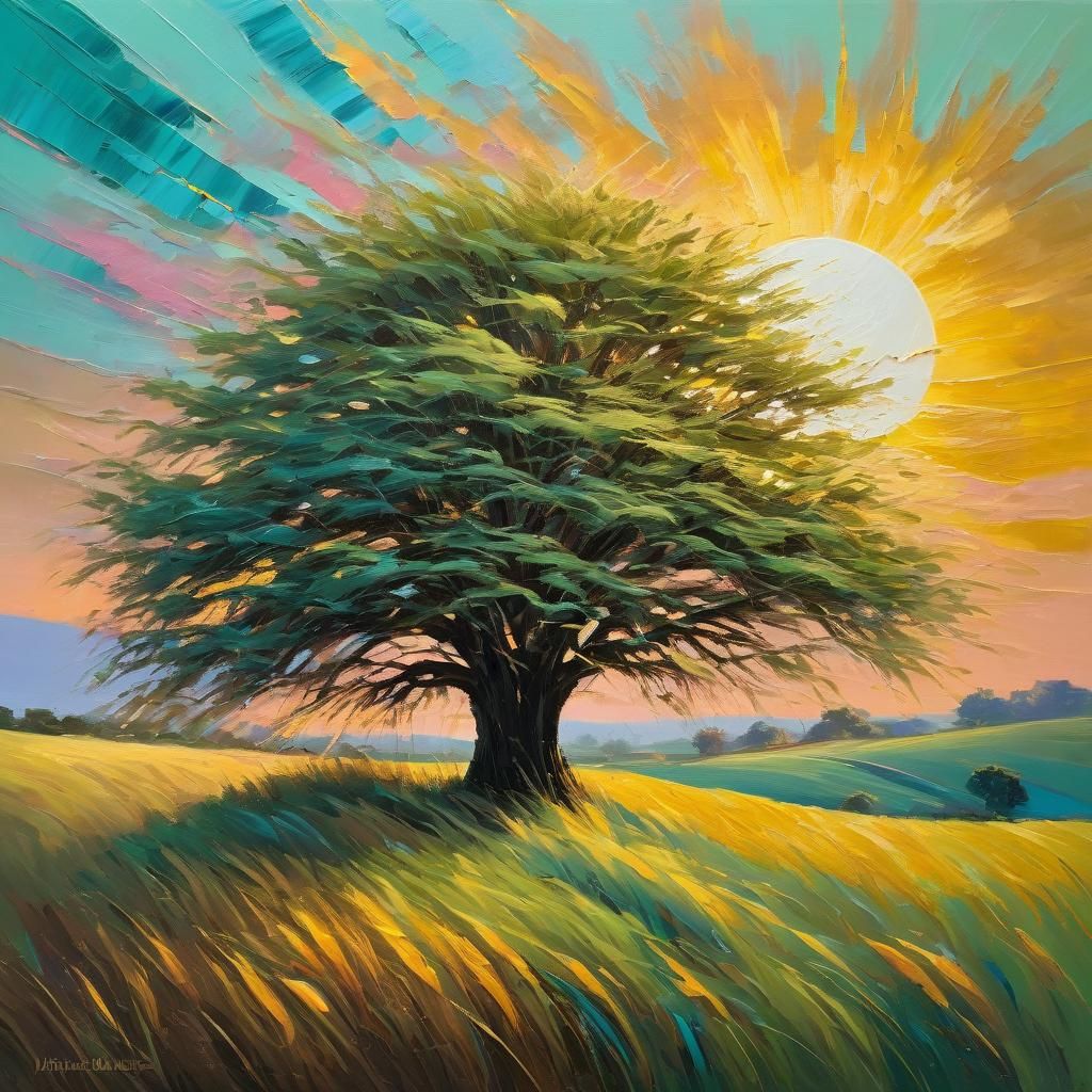 Lone Tree Bends in Wind: Expressionist Oil Painting