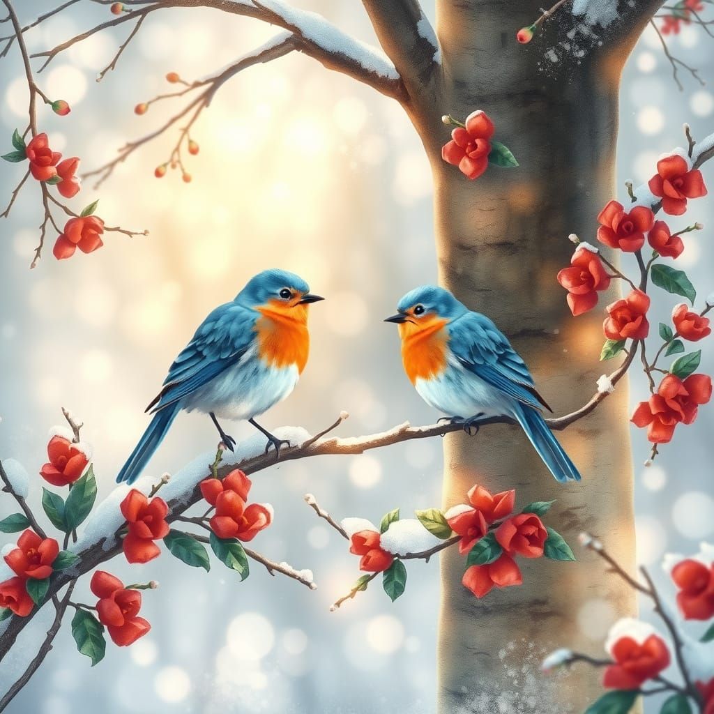 Magical Blue Birds in Enchanted Winter Forest