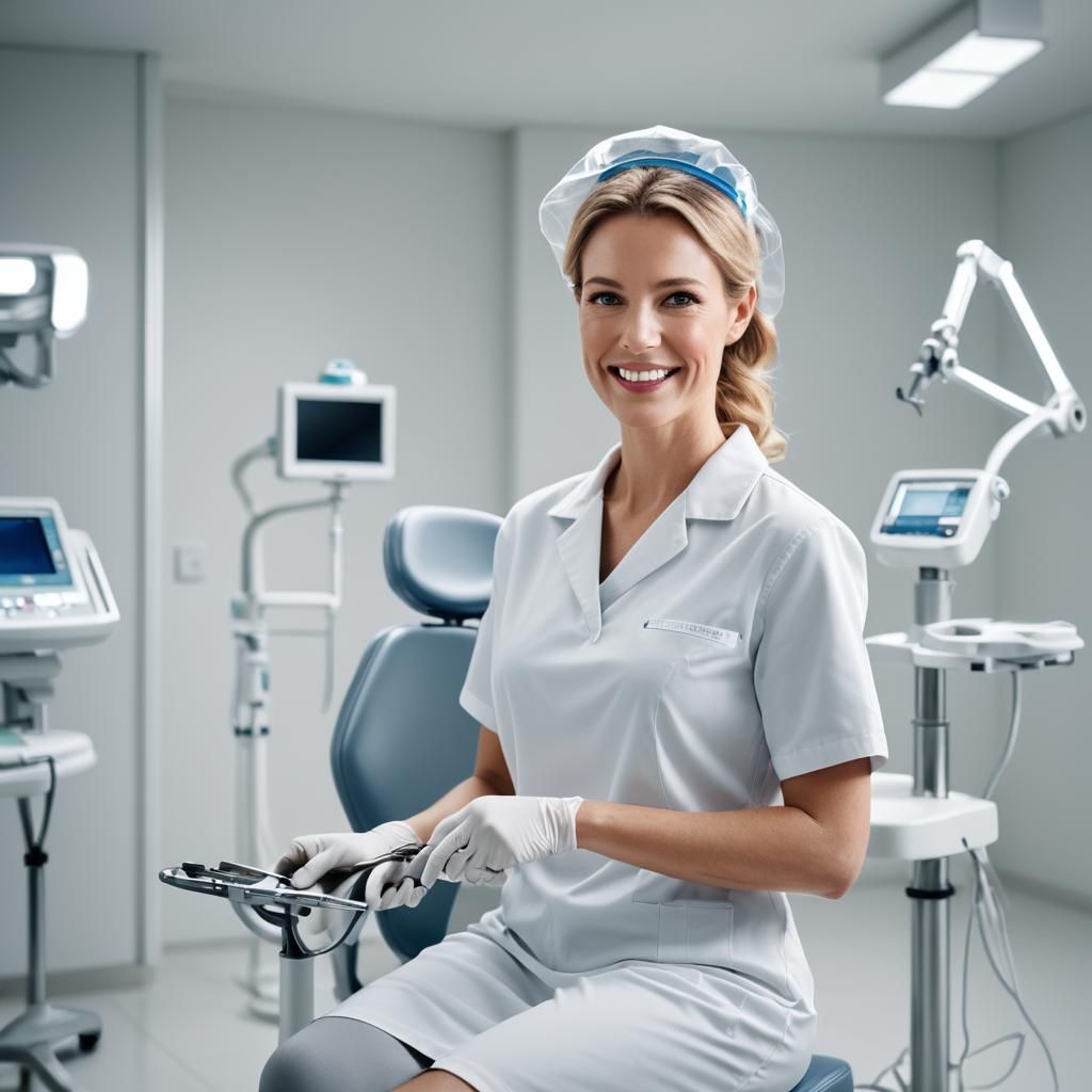Dental Nurse Portrait with Pliers in Studio Lighting