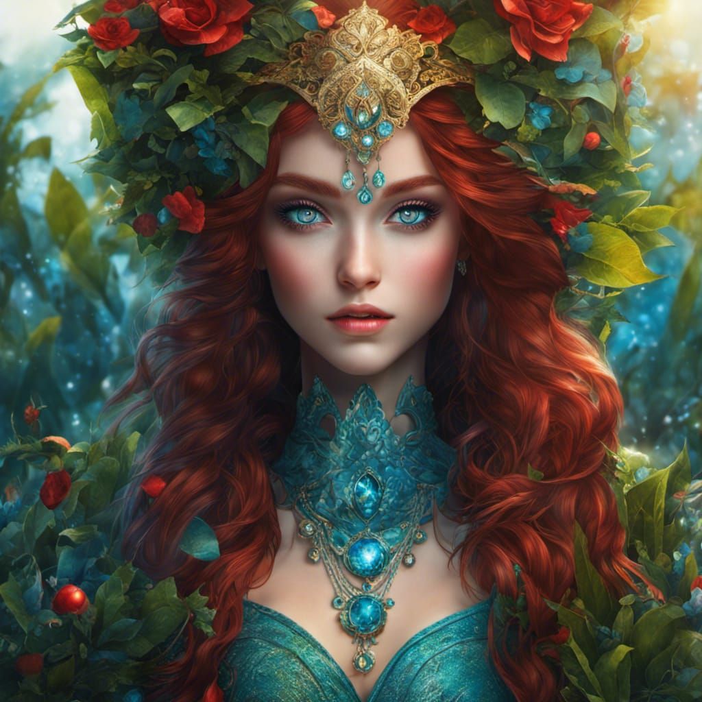Beautiful Elf Girl in Holly Garden, Digital Art