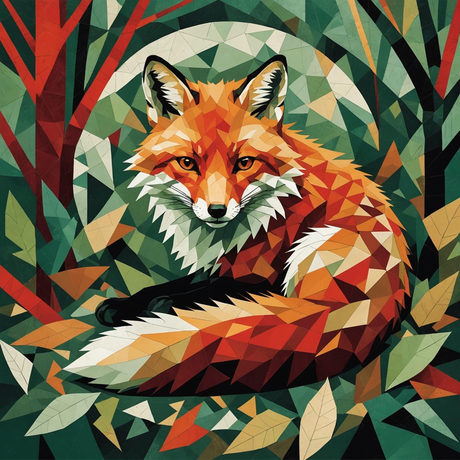 Red Fox Asleep in Fragmented Papercuts Style